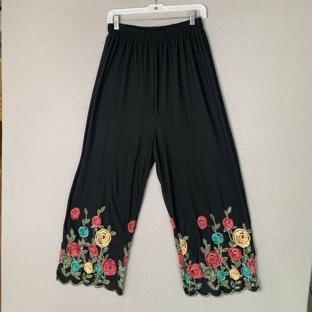 Stem & Vine Pant Women Plus 1X Black Embroidered Wide Leg Boho Festival Pull On